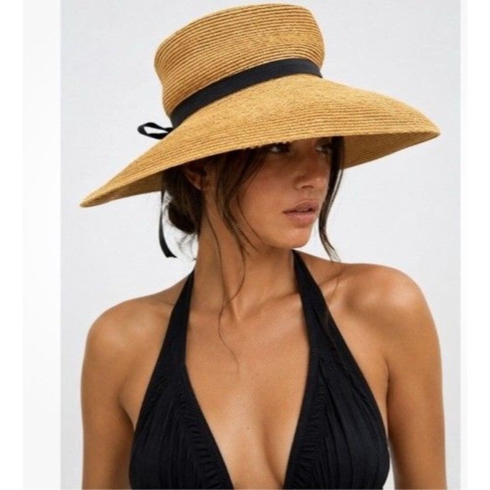 Annabel Ingall Tan Straw Sun Hat Wide Brim Black Ribbon Packable Australia